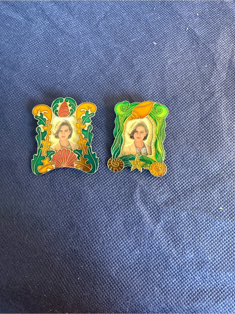 Vintage Cloisonné Enamel Portrait Pins Stand-Up Photo Frames Set of 2